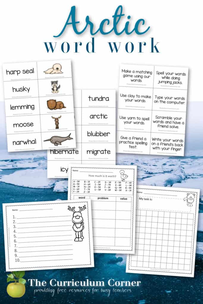 Use this card collection and recording pages for an Arctic word work study in your classroom. This is a free collection from The Curriculum Corner.