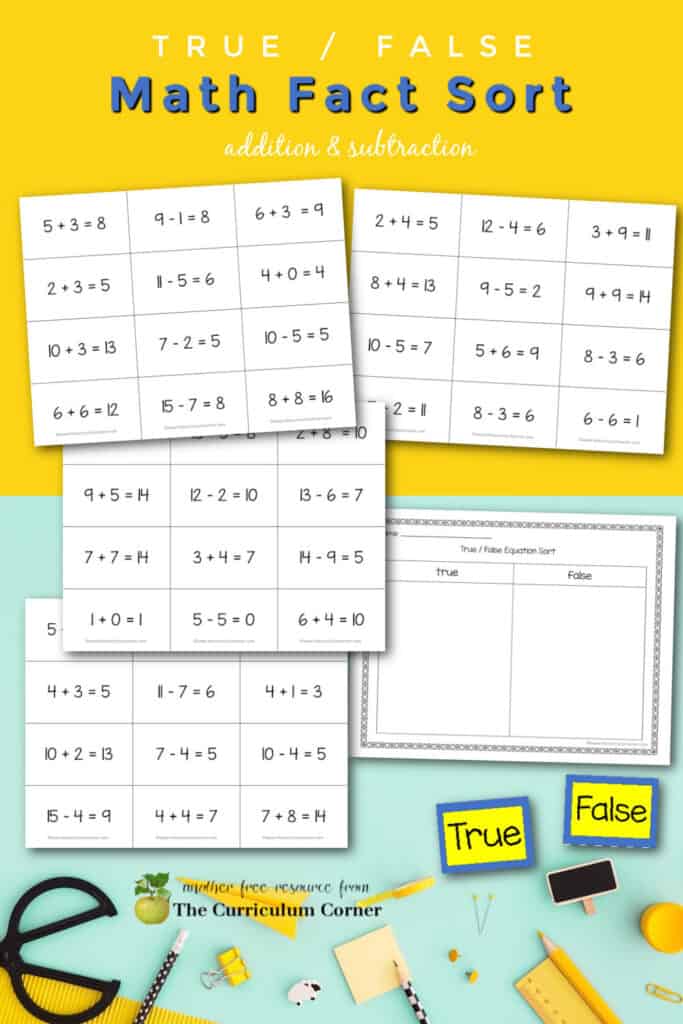 Download this true / false equation sort for addition and subtraction fact practice in your first or second grade classroom.