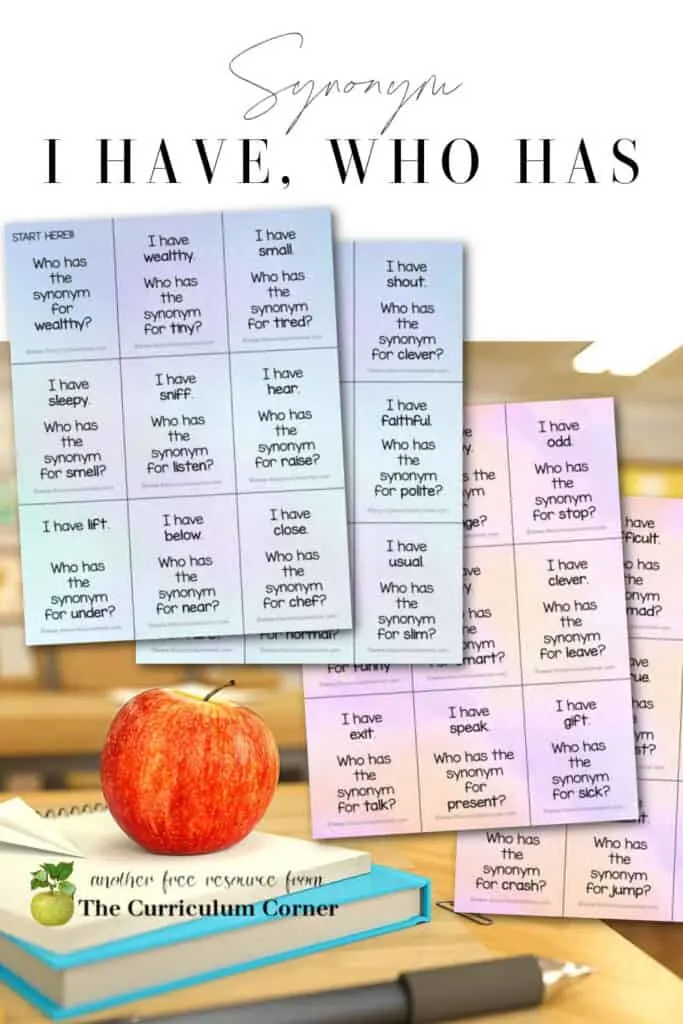 Download these free synonym I have who has games to help your children practice matching synonym pairs in the classroom.