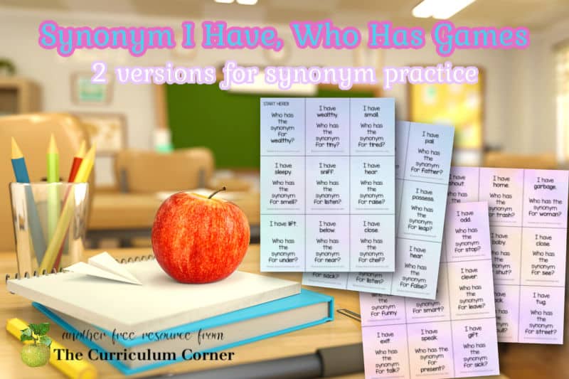 Download these free synonym I have who has games to help your children practice matching synonym pairs in the classroom.