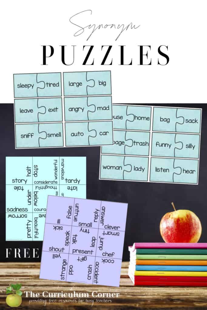 Download these free synonym puzzles to offer your students synonym practice during literacy centers. Another freebie from The Curriculum Corner.