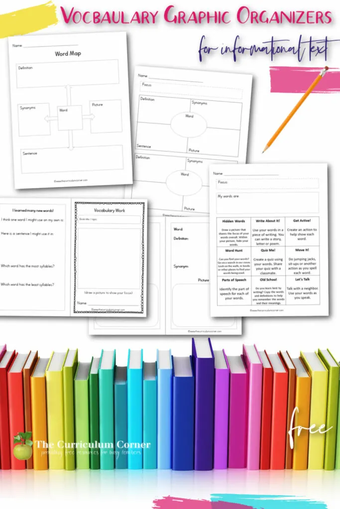 Download these free informational text vocabulary graphic organizers to help your students explore new words. A free collection from The Curriculum Corner.