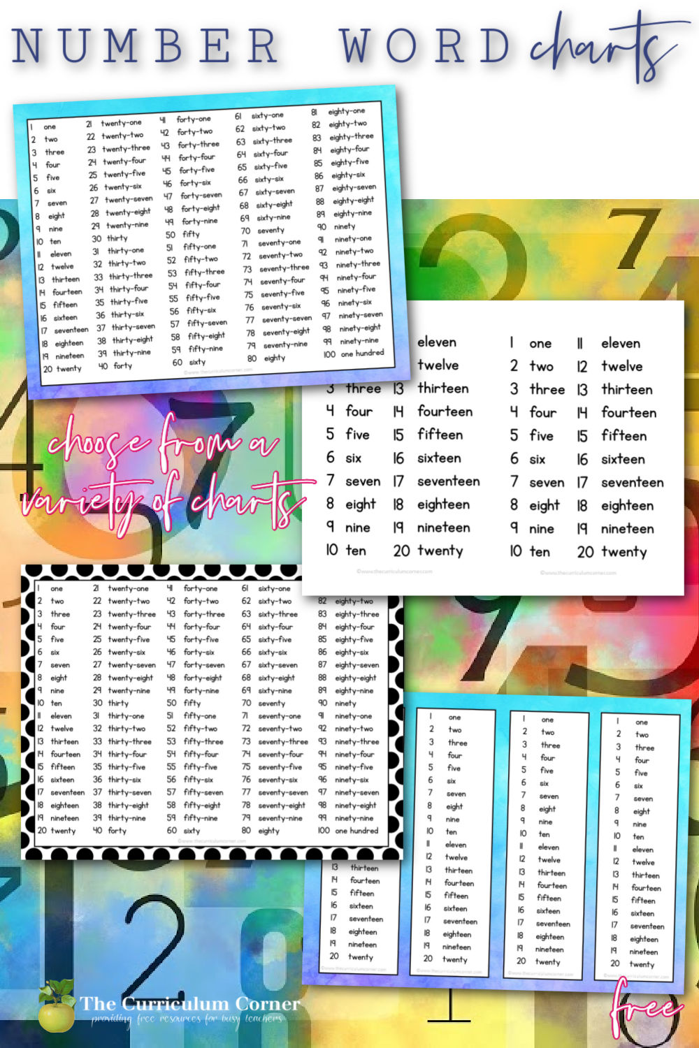 number word charts the curriculum corner 123