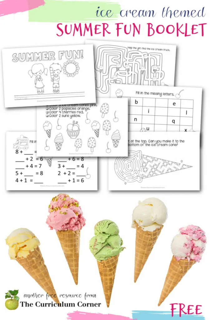 This ice cream themed summer activity book is a simple booklet you can print, staple and send home with other summer activities.
