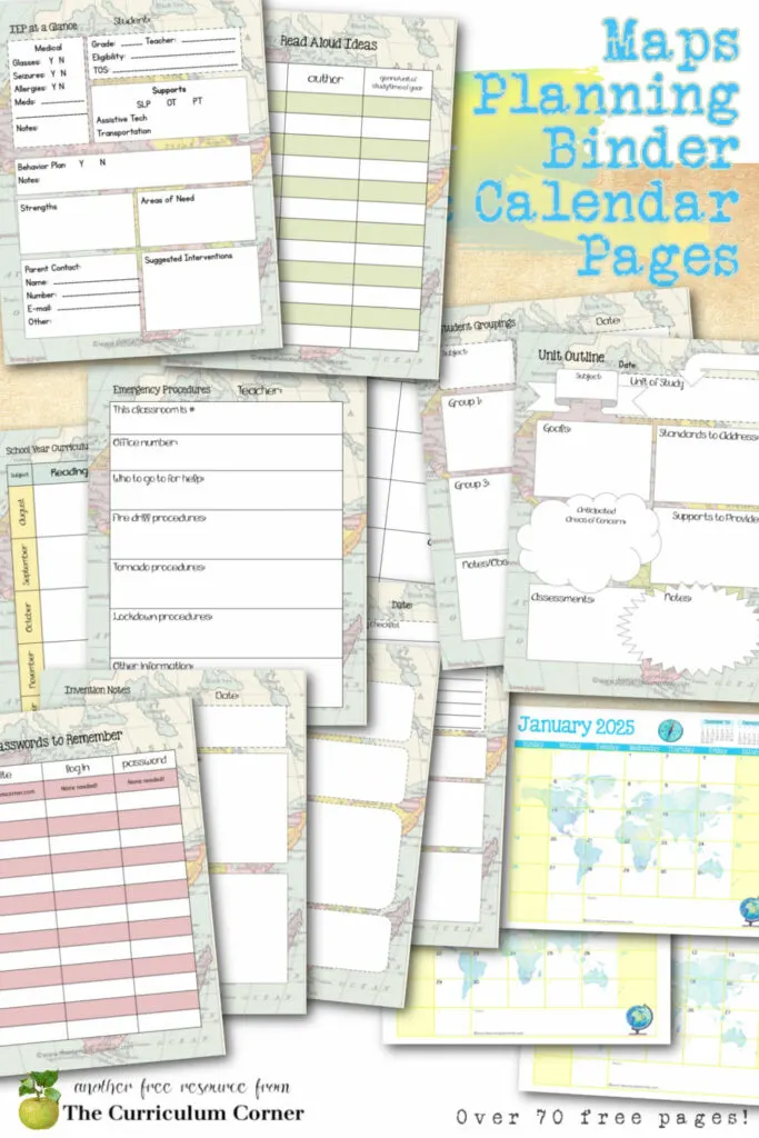 This free editable, map teacher planning binder and calendar pages have a travel theme to help you start your new adventure this school year!