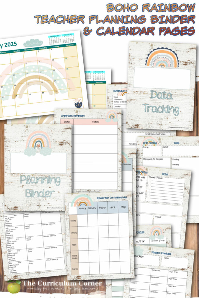 Download this free boho rainbow teacher planning binder and themed calendar pages to match your classroom decor. 