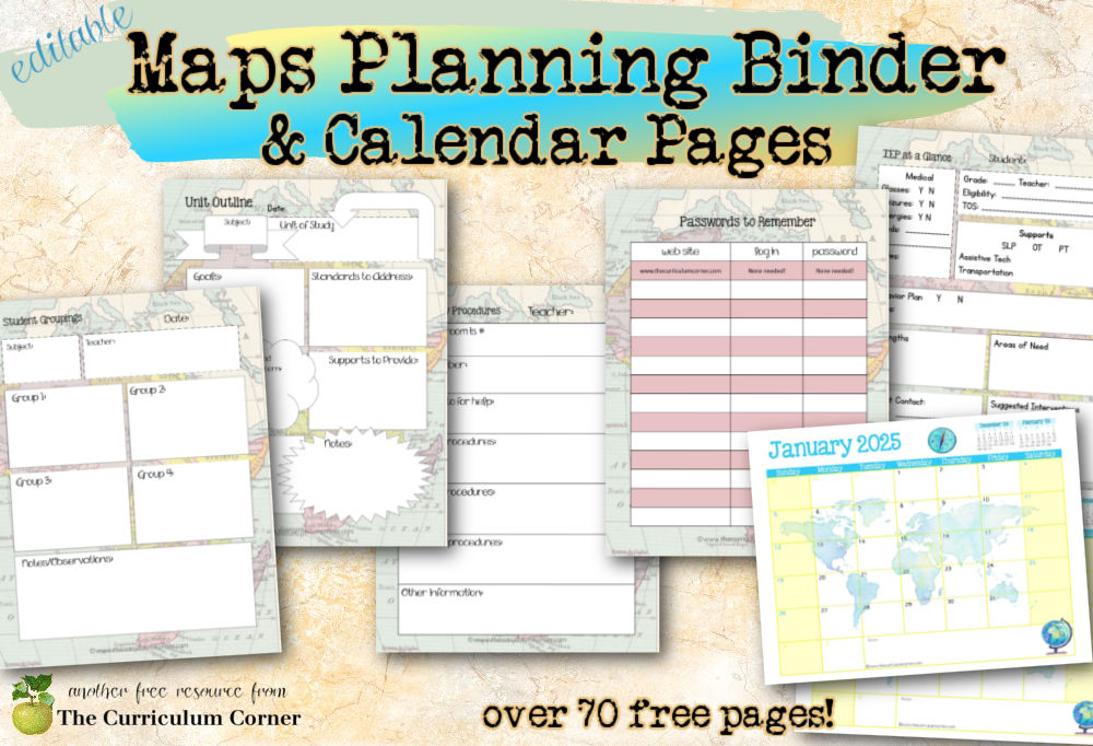 This free editable, map teacher planning binder and calendar pages have a travel theme to help you start your new adventure this school year!