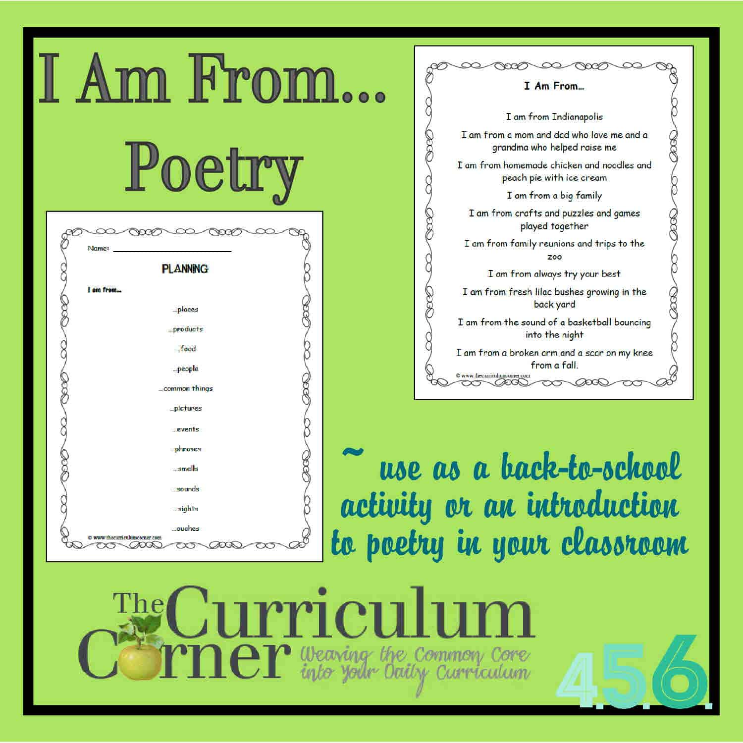 I am from Poetry - The Curriculum Corner 11-11-11 Intended For I Am Poem Worksheet