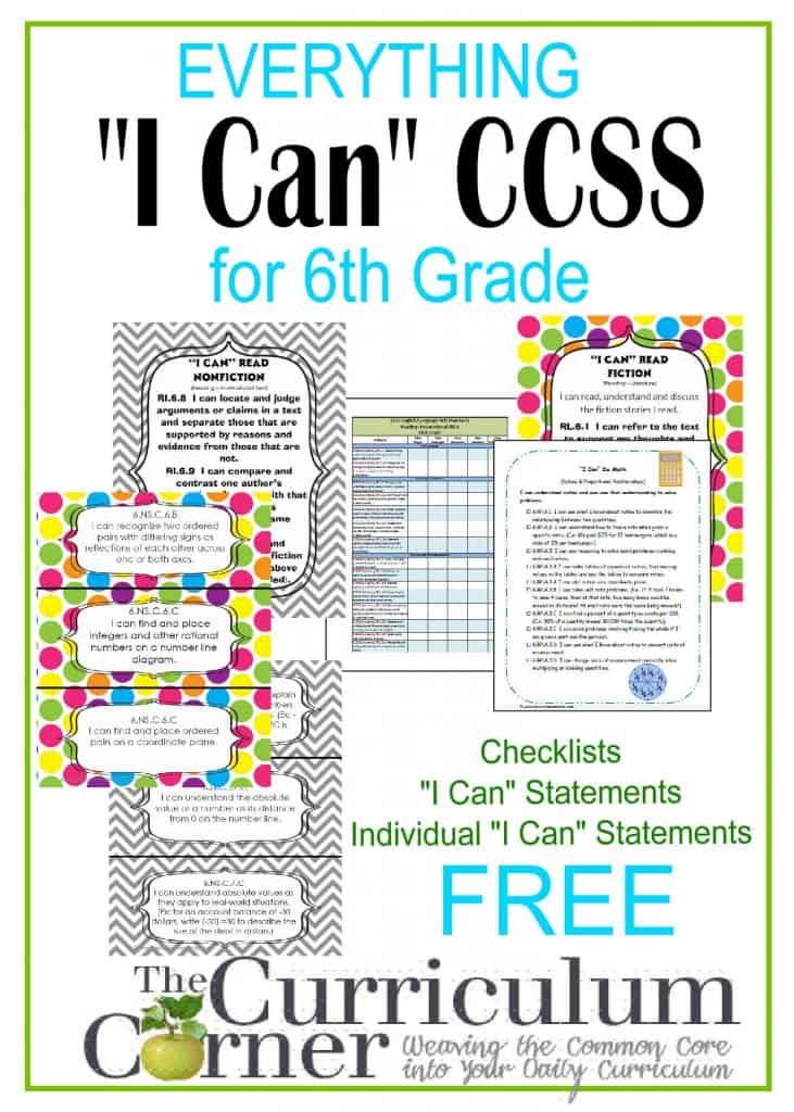 6th Grade "I Can" Common Core Statements for CCSS free from The Curriculum Corner | Checklists | individual statements | posters & more! I Can Common Core