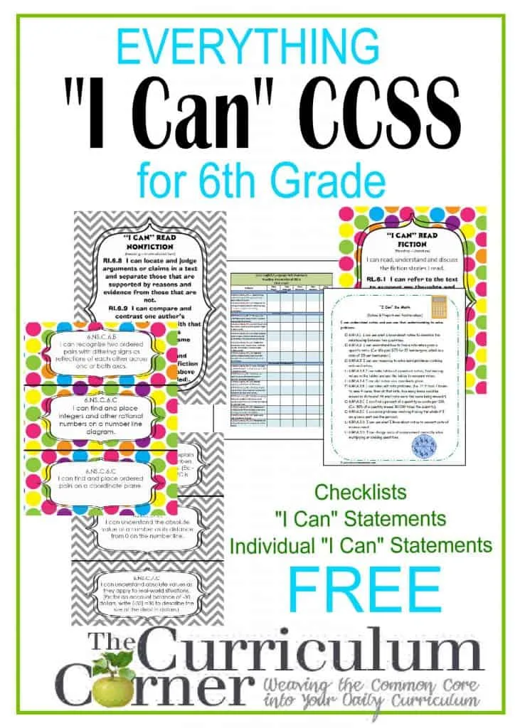 6th Grade "I Can" Common Core Statements for CCSS free from The Curriculum Corner | Checklists | individual statements | posters & more! I Can Common Core