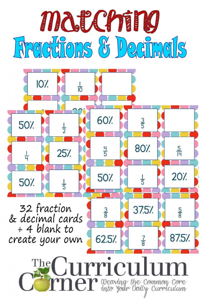 Matching Fractions & Decimals Cards for Math FREE from The Curriculum Corner