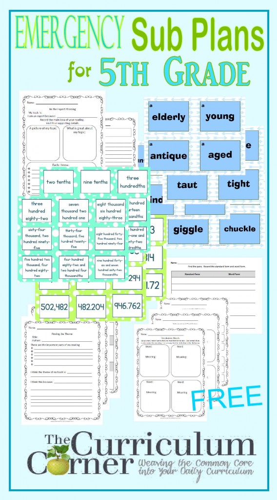 Emergency Sub Plans for 5th Grade FREE from The Curriculum Corner | writing, graphic organizers, common core aligned