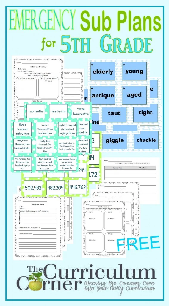 Emergency Sub Plans for 5th Grade FREE from The Curriculum Corner | writing, graphic organizers, common core aligned