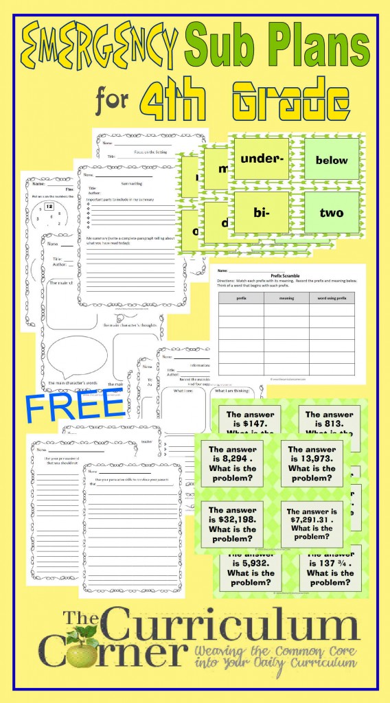 Emergency Sub Plans for 4th Grade FREE from The Curriculum Corner | prefixes, suffixes, math, factors, writing, graphic organizers, common core aligned