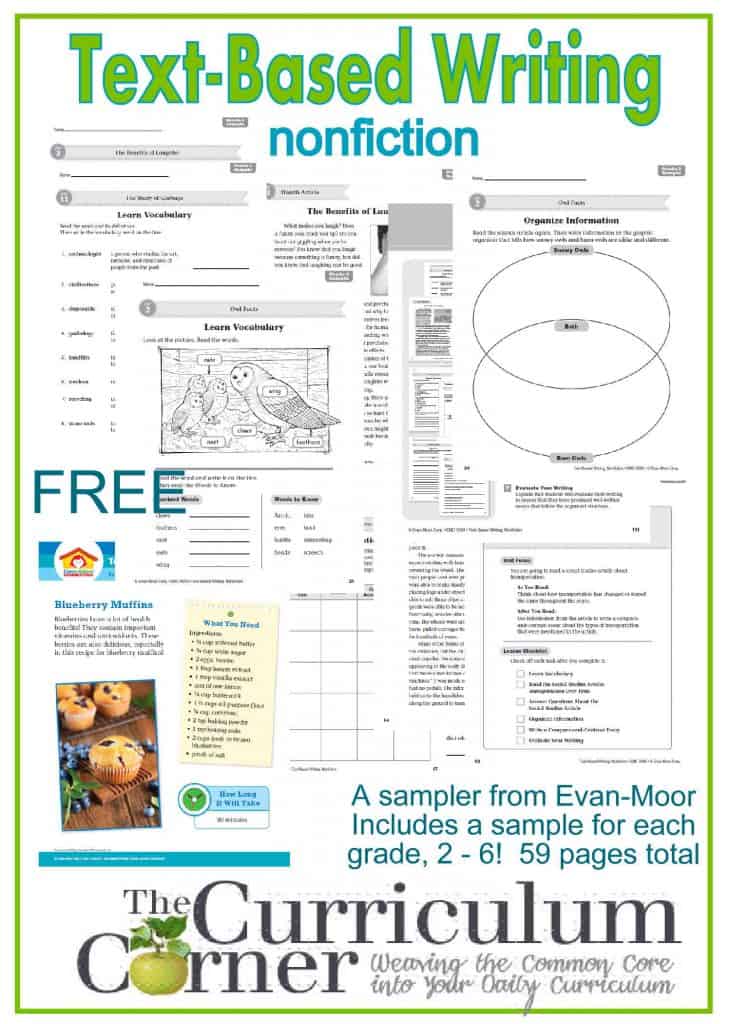 Text-Based Writing Nonfiction Sampler FREE from The Curriculum Corner & Evan-Moor | 59 pages with a sample for each grade, 2 - 6  Great find!