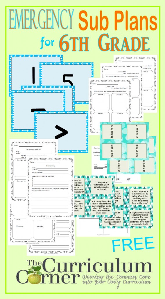 Emergency Sub Plans for 6th Grade FREE from The Curriculum Corner |  writing, graphic organizers, common core aligned