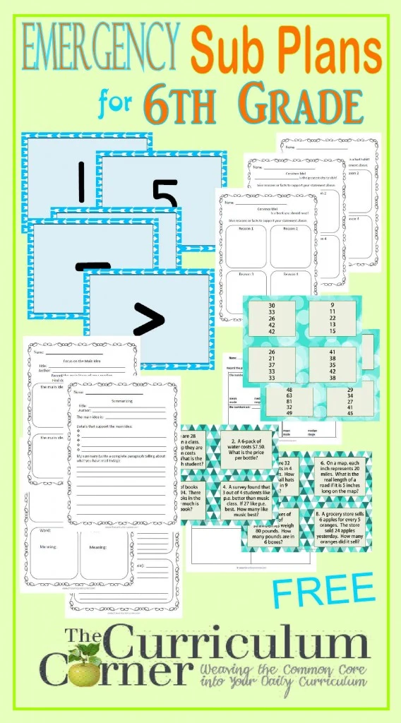 Emergency Sub Plans for 6th Grade FREE from The Curriculum Corner |  writing, graphic organizers, common core aligned