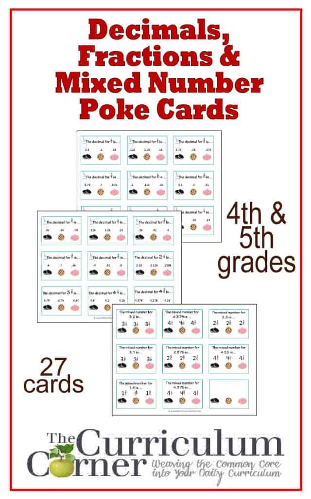 Decimals, Fractions & Mixed Numbers Poke Cards free from The Curriculum Corner | Meets 4th & 5th grade math standards 