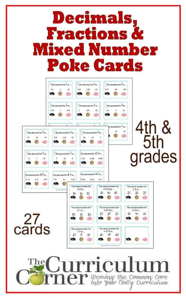 Decimals, Fractions & Mixed Numbers Poke Cards free from The Curriculum Corner | Meets 4th & 5th grade math standards 
