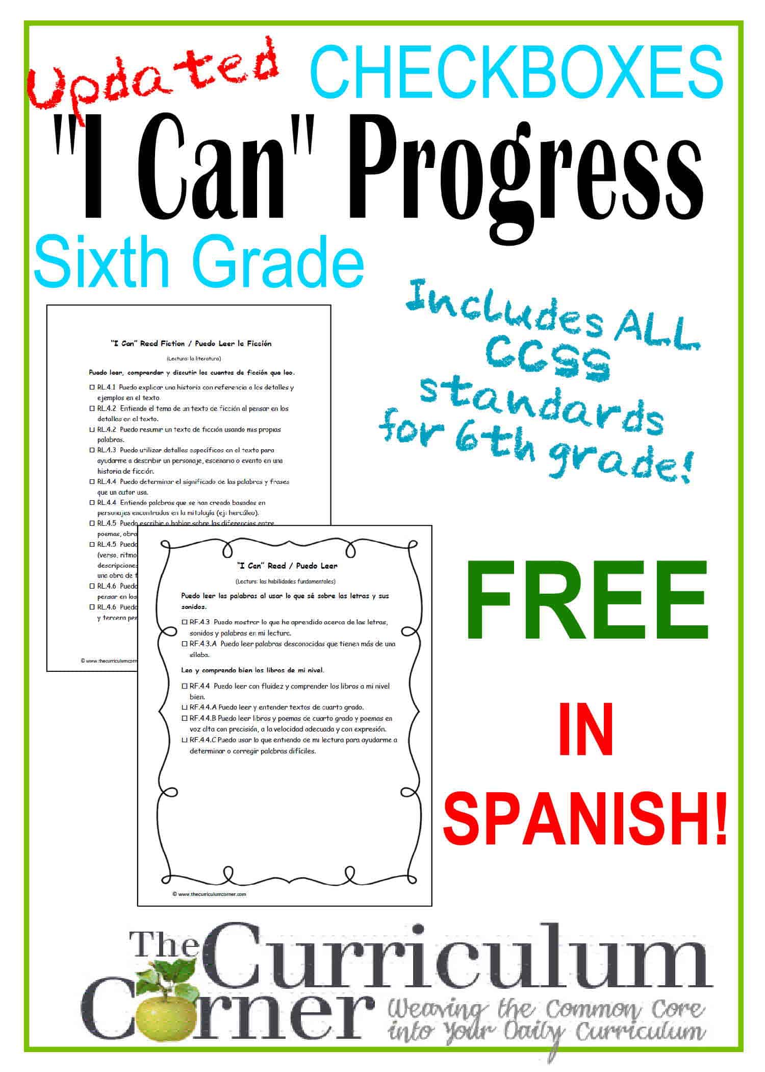 "I Can" 6th Grade Common Core in Spanish The Curriculum Corner 456