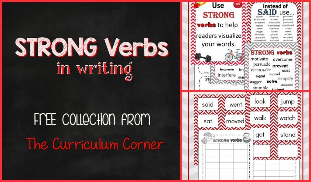 FREE! Strong verbs in writing workshop FREEBIE from The Curriculum Corner | anchor charts, graphic organizers, literacy center