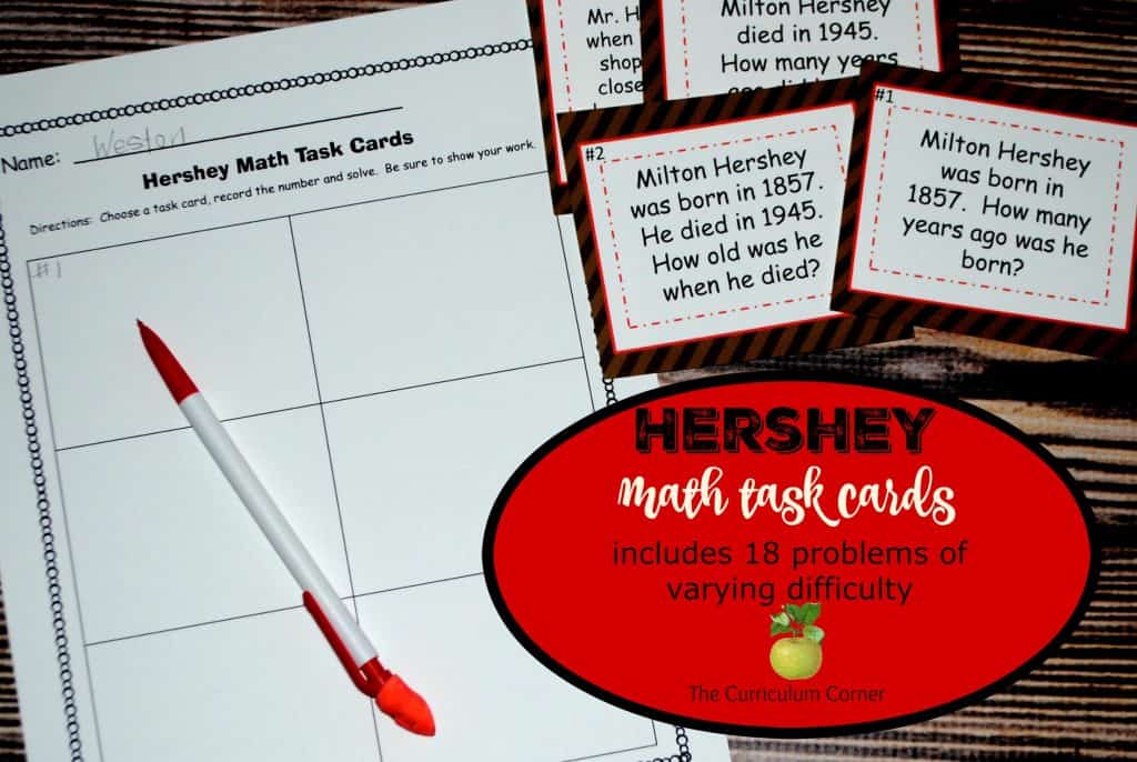 Hershey's Bar Math Activities FREE from The Curriculum Corner | fractions | Valentine's Day | problem solving | task cards