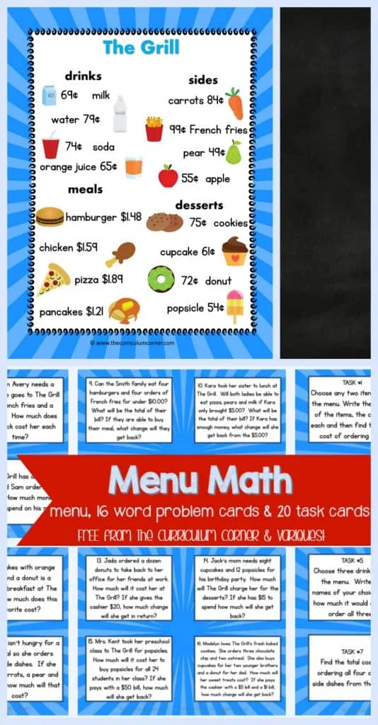FREEBIE Menu Math, word problem cards, task cards for 4th & 5th grade math students | FREE from VariQuest and The Curriculum Corner | Math Problem Solving | Math Centers