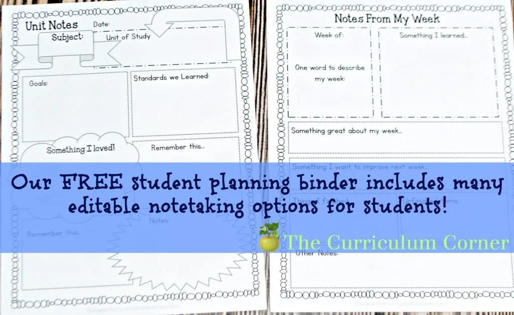 FREE - editable student planning binder & assisngment notebook pages for students! From The Curriculum Corner