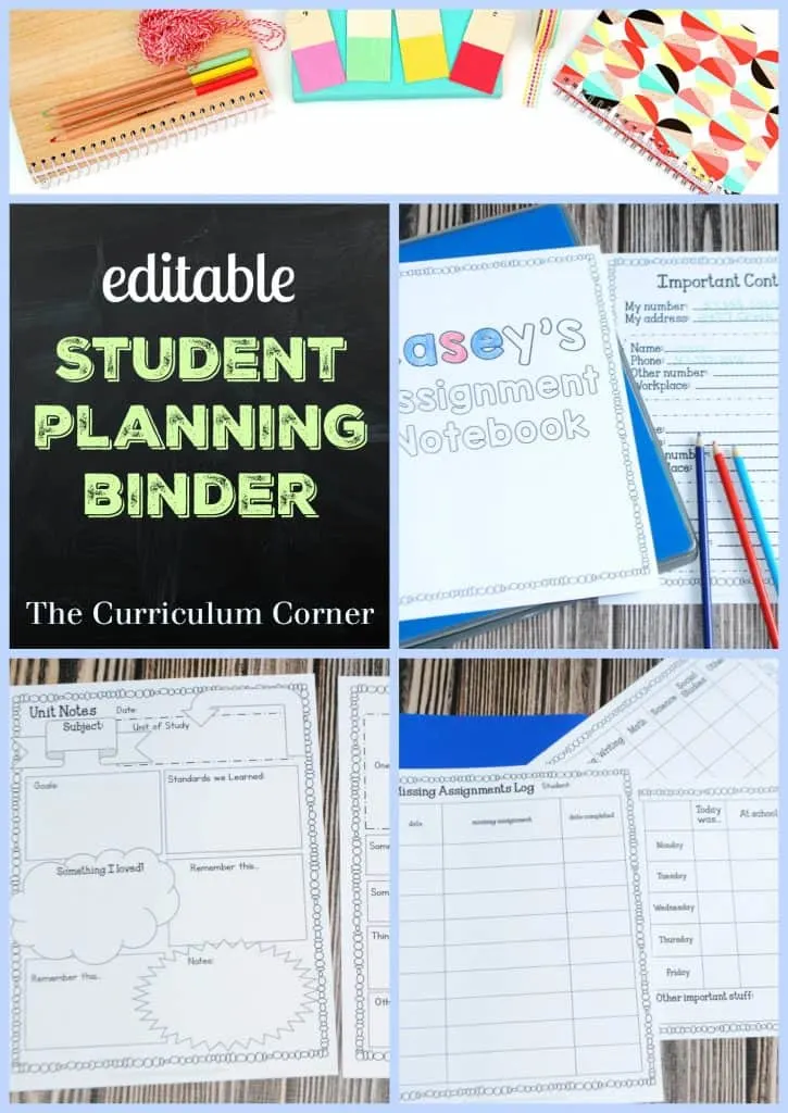 FREEBIE! Editable student planning binder from The Curriculum Corner - put together your own assignment notebooks!