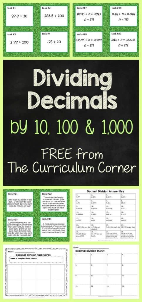 Dividing Decimals by 10, 100 or 1,000 - The Curriculum Corner 4-5-6