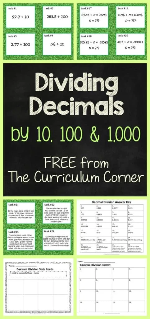 FREEBIE Dividing Decimals Task Cards & Scoot Game FREE from The Curriculum Corner | 4th Grade | 5th Grade | 6th Grade | Math Centers