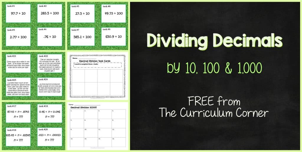 Use these free task cards as a center activity to practice dividing decimals or as a SCOOT game.