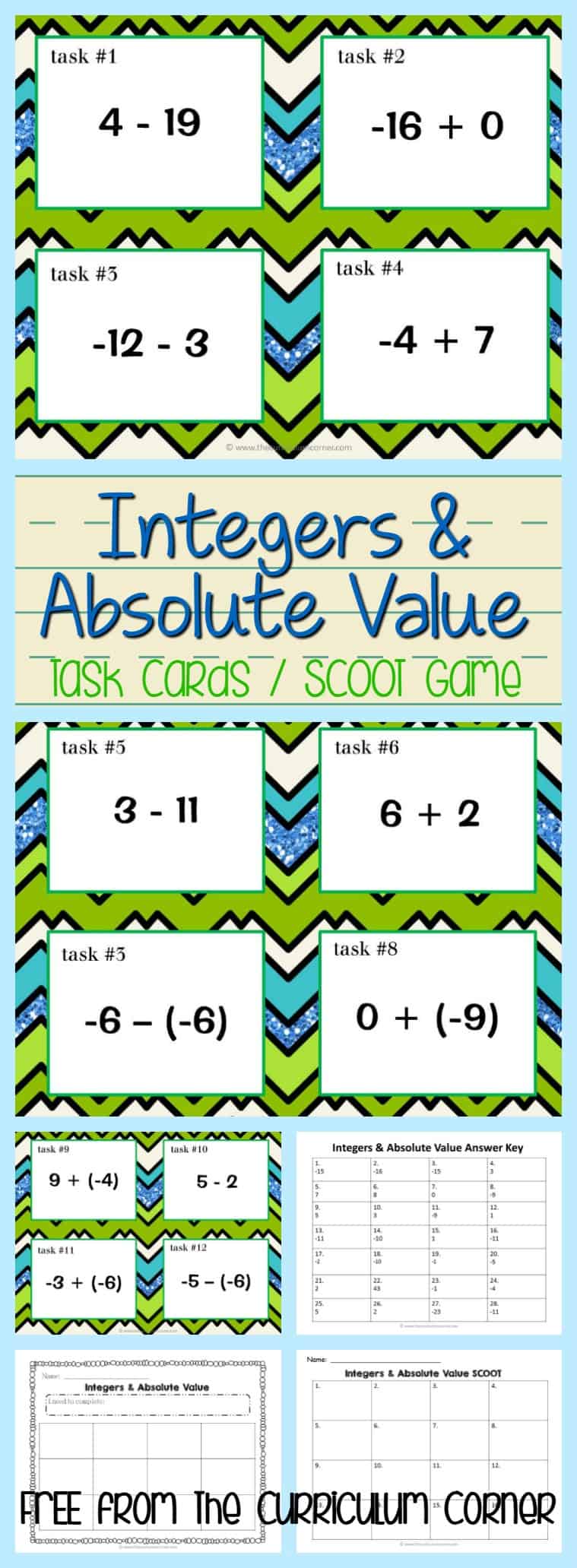 Integers & Absolute Value Task Cards - The Curriculum Corner 4-5-6