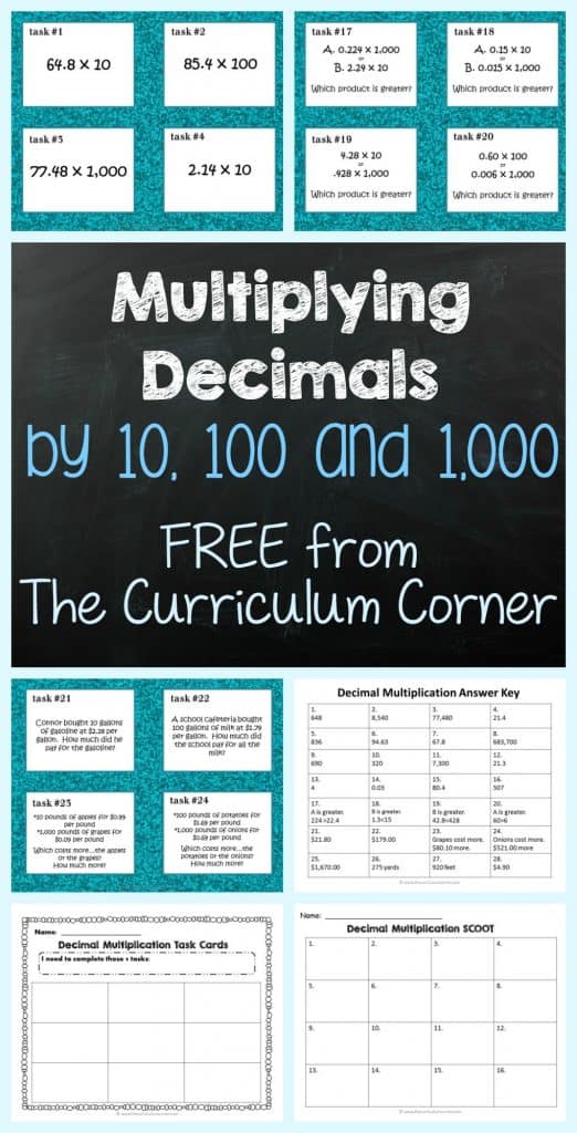 FREE! Multiplying Decimals by 10, 100 and 1,000 FREEBIE task cards / SCOOT game from The Curriculum Corner
