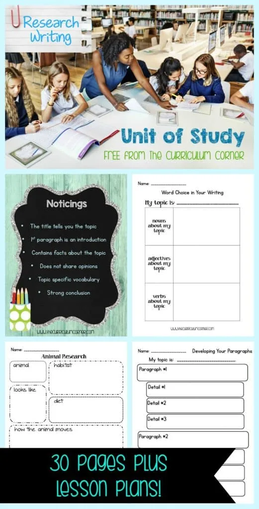 Research Writing Unit of Study FREE from The Curriculum Corner - mini lessons, anchor charts, graphic organizers & more! FREEBIE UNIT!