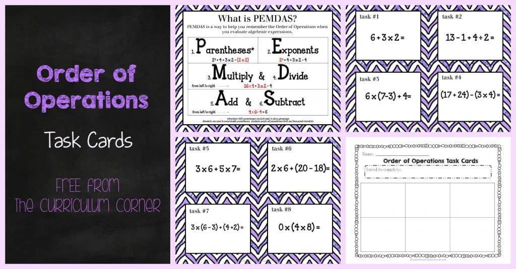 FREE Order of Operations task cards for 5th grade from The Curriculum Corner 