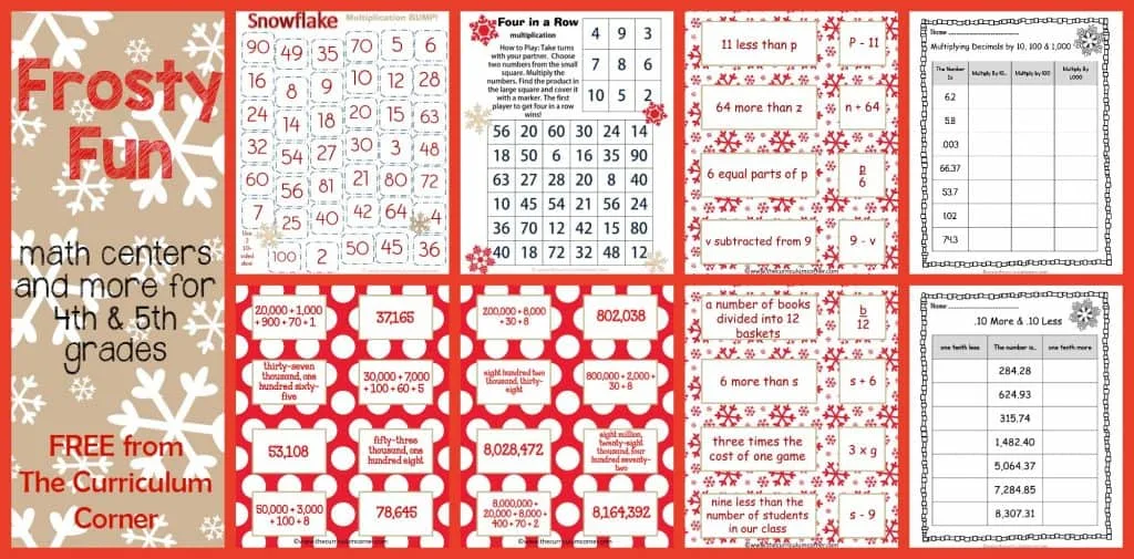 Frosty Fun Math Centers for 4th & 5th Grades | Winter Themed FREE from The Curriculum Corner | Place Value, Computation & more