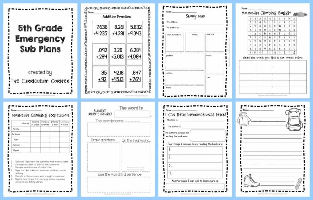 5th grade sub plans