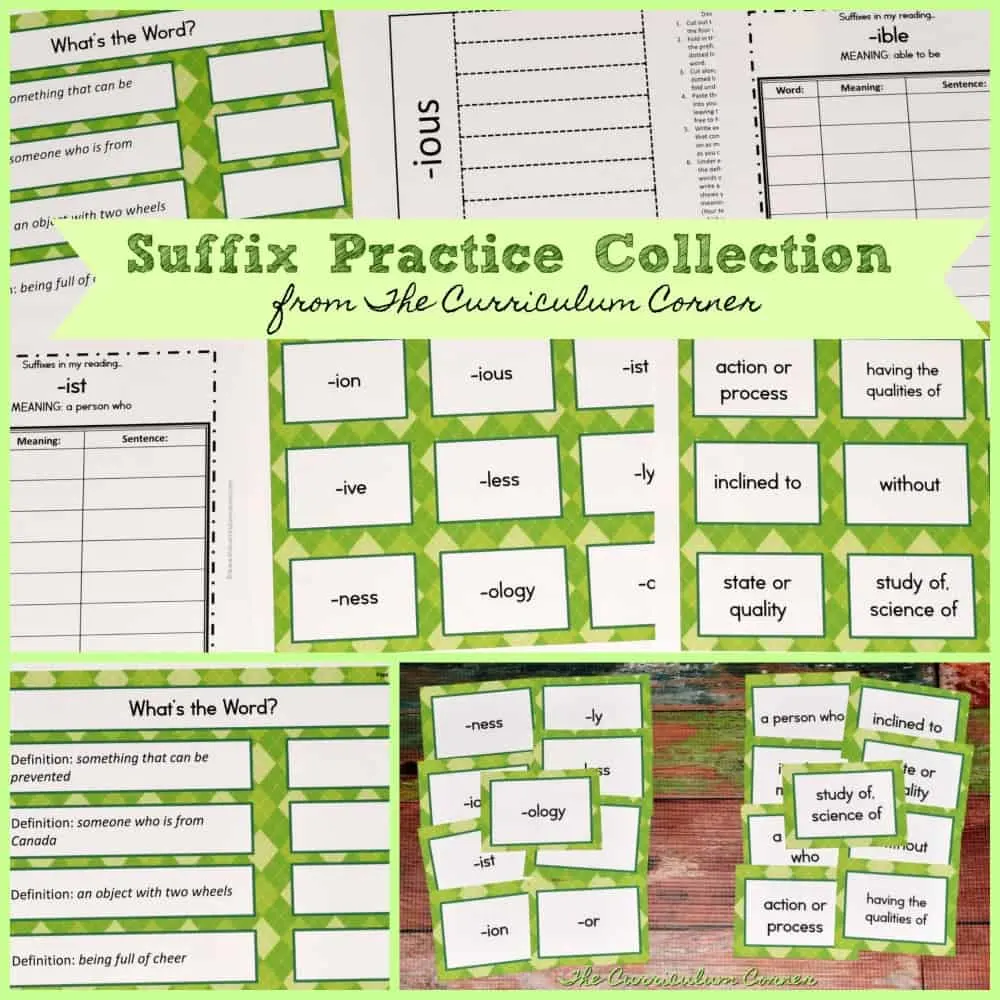 FREE Printable Suffix Practice Collection from The Curriculum Corner