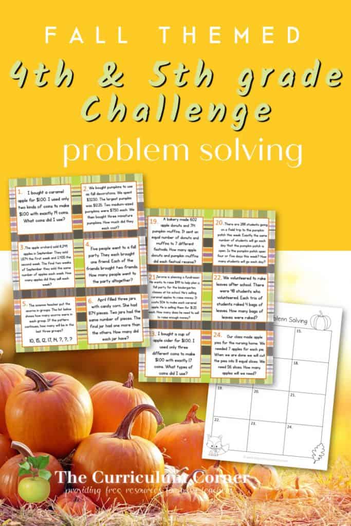These challenging fall problem solving task cards are geared towards intermediate classrooms.