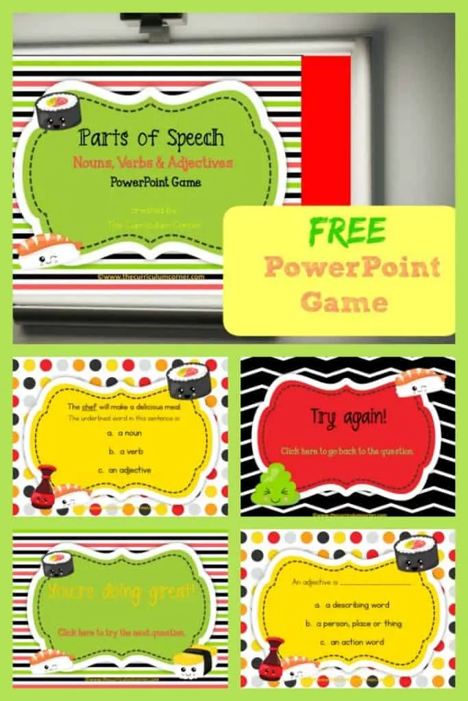 FREE Parts of Speech PowerPoint Game | The Curriculum Corner | Nouns, Verbs, Adjectives 2