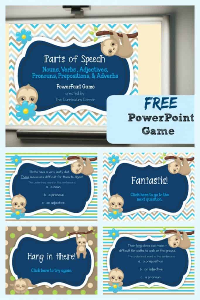 FREE Parts of Speech PowerPoint Game | The Curriculum Corner | Nouns, Verbs, Adjectives, Adverbs, Prepositions, Pronouns