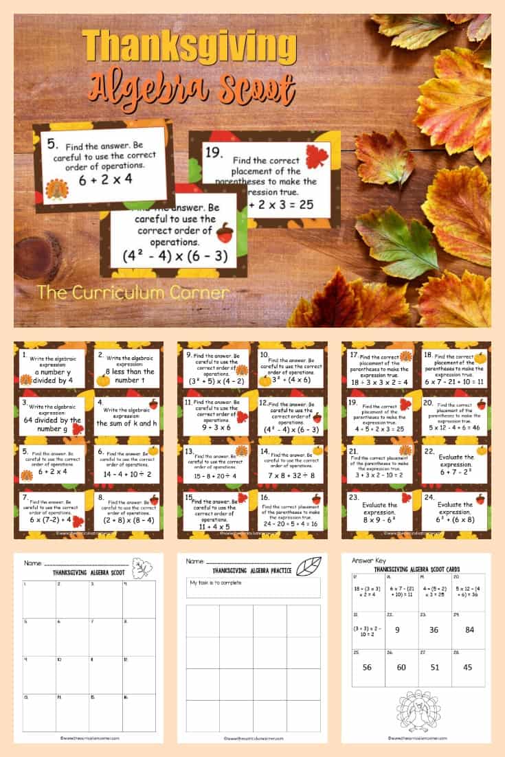 This free Thanksgiving Algebra Scoot game from The Curriculum Corner is great for practice or review this fall in your fifth or sixth grade classroom!