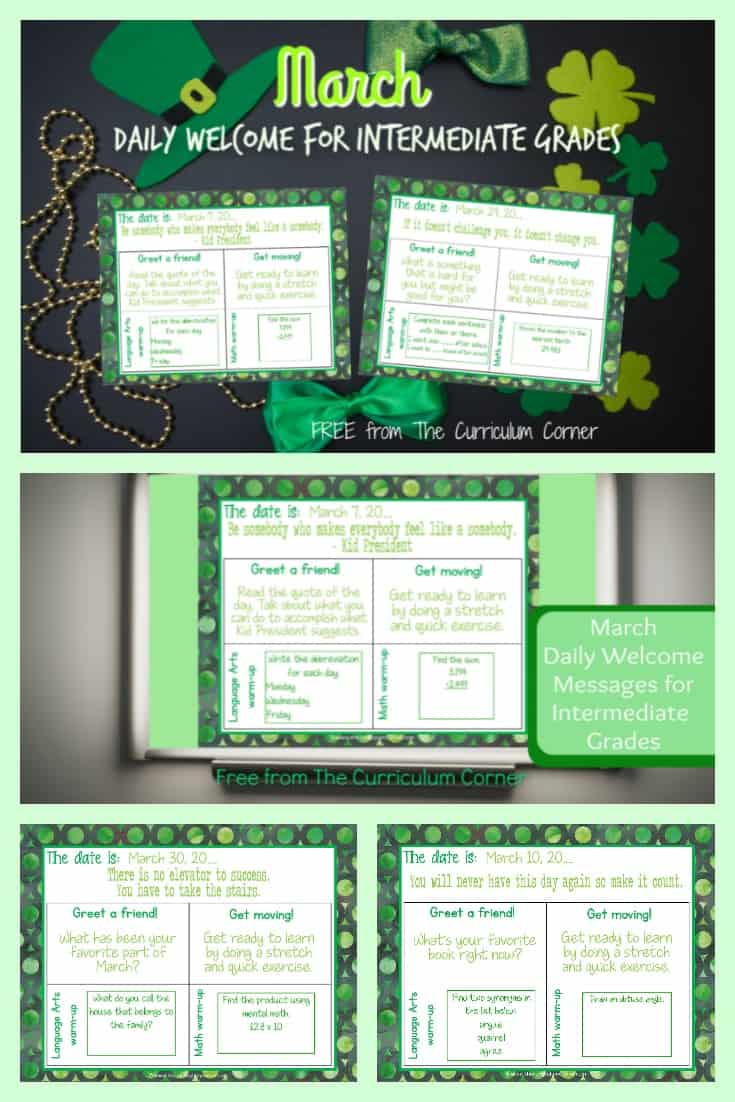 Great find from The Curriculum Corner. Try these free March Daily Welcome Messages for an engaging way to get your kids moving and thinking before your school day starts. Portions of this resource are editable!