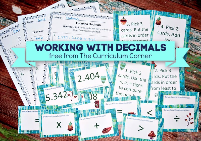 This free collection contains a large set of decimal cards with printable activities to help you create a rotating decimal center.