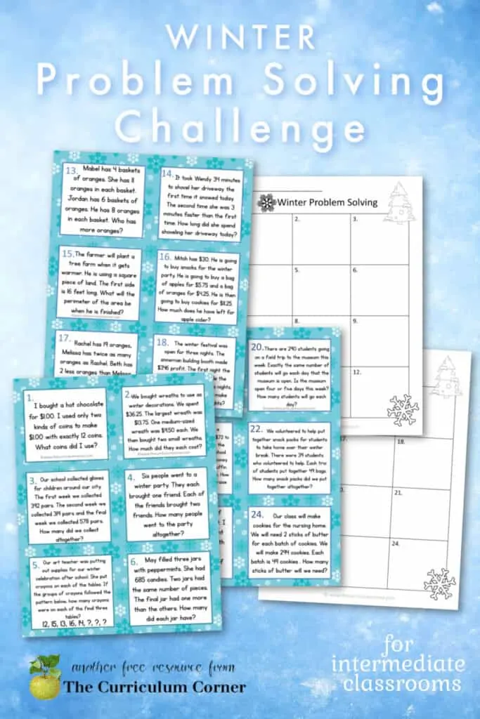 Download these challenging winter problem solving task cards for your intermediate math classroom.  Free from The Curriculum Corner.