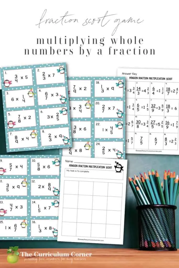 This Penguin Multiplying Fractions Scoot game (multiplying fractions by whole numbers) is great for practice or review this winter in your fourth or fifth grade classroom!