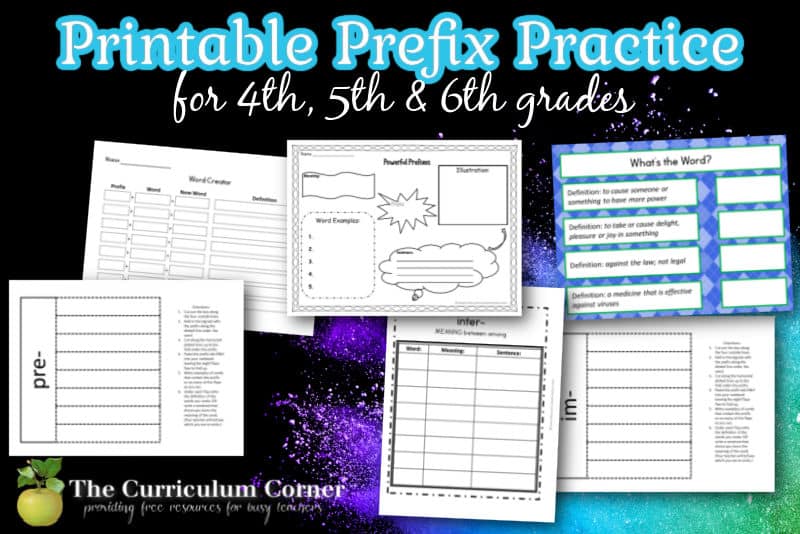 Use this free collection of printable prefix practice resources for prefix practice in your fourth, fifth or sixth grade classroom.