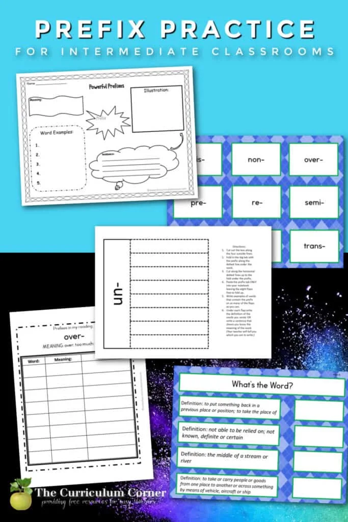 Use this free collection of printable prefix practice resources for prefix practice in your fourth, fifth or sixth grade classroom.