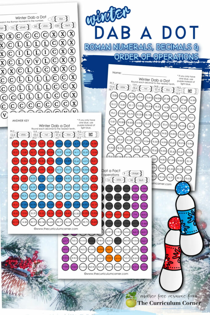 These winter dab a dot math printables will help students practice Roman Numerals, rounding decimals and order of operations.